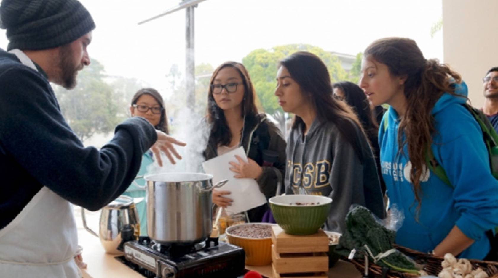 Chef Mickael Blancho of UCSB's University Center Dining Services, better known as the UCSB Soup Guy, gives a cooking demonstration to kick off the new Food, Nutrition and Basic Skills Program for students. 