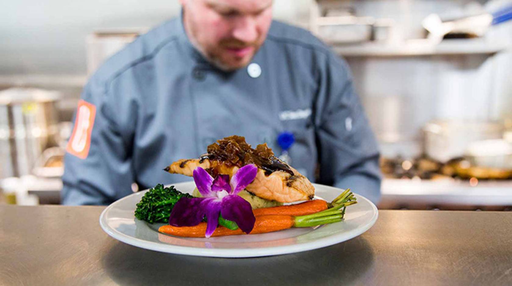 Executive Chef Rodney Fry prepares beautiful, healthy meals in the newly renovated kitchen at UC San Diego's Thornton Hospital.