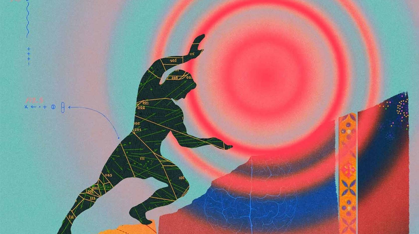 In an illustration, a silhouetted figure pushes a red ball with concentric red circles emanating from it up a hill