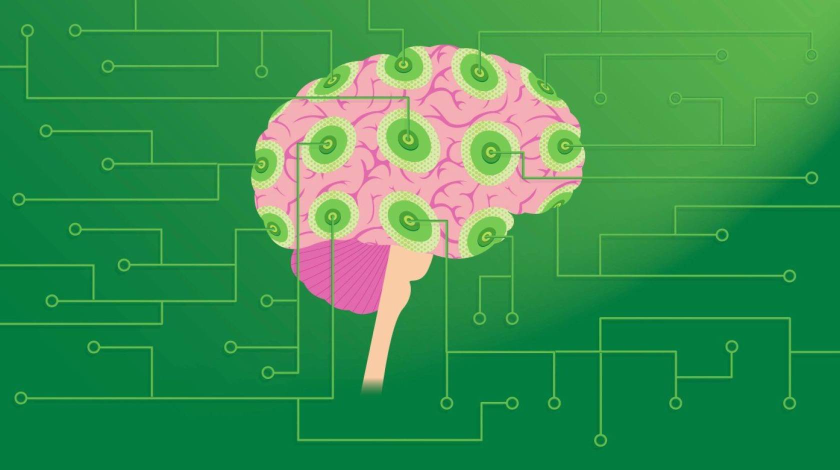 Illustration of a human brain in pink with green circular patterns overlaid, connected to a network of thin green circuit-like lines on a dark green background, suggesting a fusion of biology and technology.