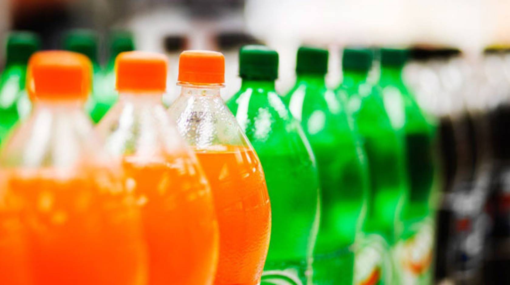 Colorful soda bottles in a market