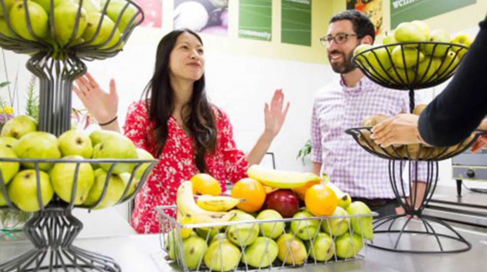 Rita Nguyen, MD, and student Jacob Mirsky show off the future food pantry in the Community Wellness Center of San Francisco General Hospital and Trauma Center. Mirsky received a grant to support the project from the UC Global Food Initiative. 