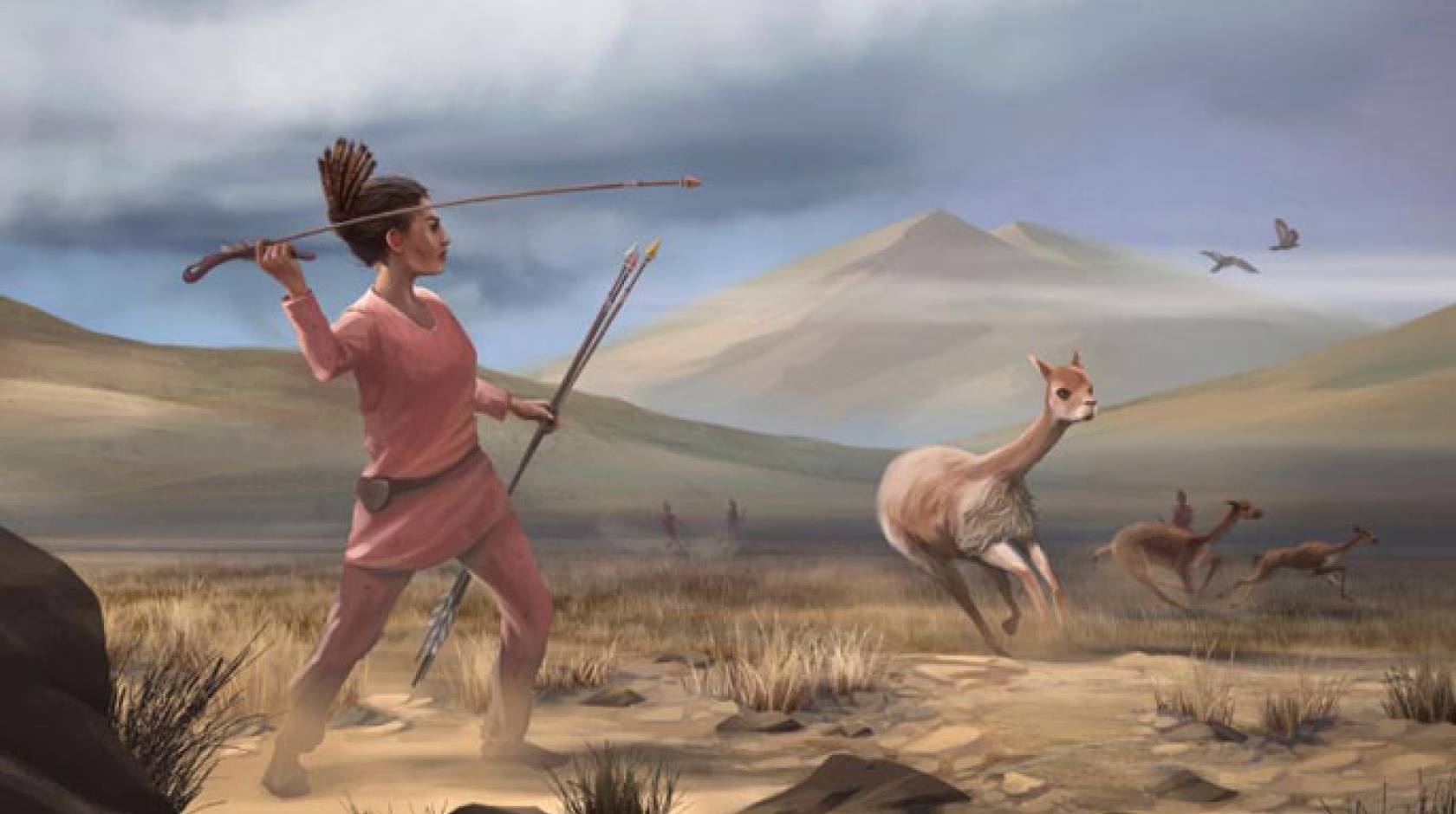 Illustration of prehistoric woman hunting big game