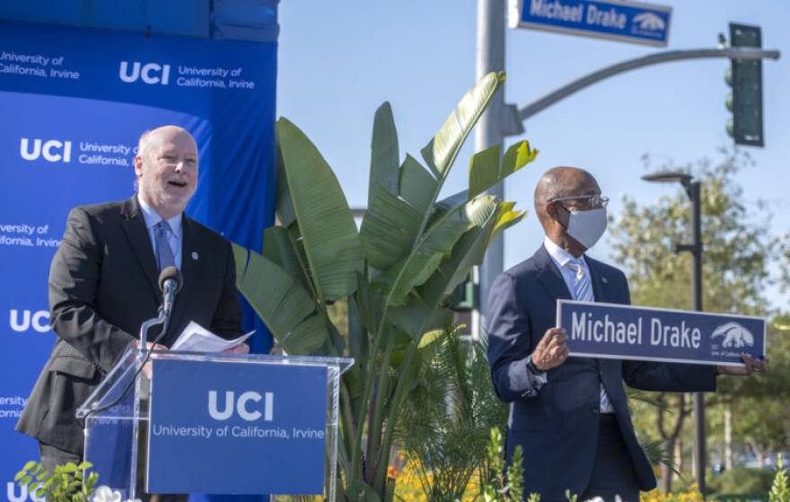 UCI Chancellor Howard Gillman and UC President Michael V. Drake at the June 4 ceremony christening Michael Drake Drive