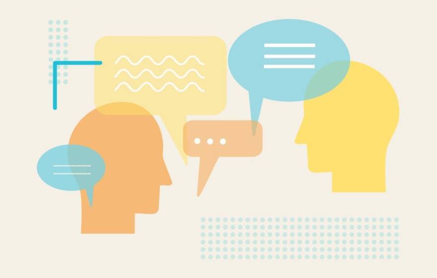 Drawings of spoken and thought bubbles are shown floating between two drawings of heads.