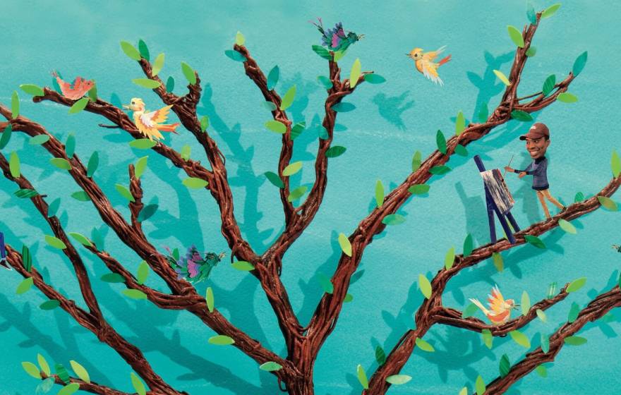 Illustration of a brown tree against a turquoise background, with tiny people and birds on its branches