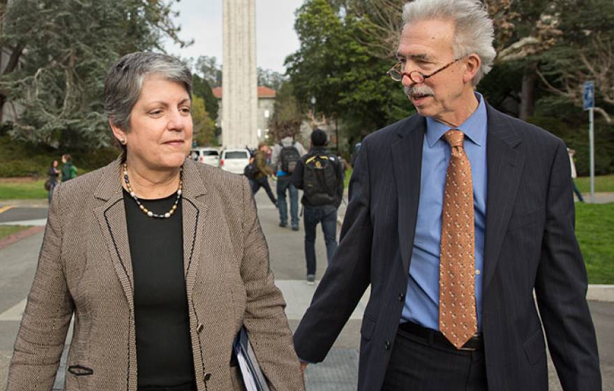 President Janet Napolitano and Photo of UC Berkeley Chancellor Nicholas Dirks on the Berkeley campus