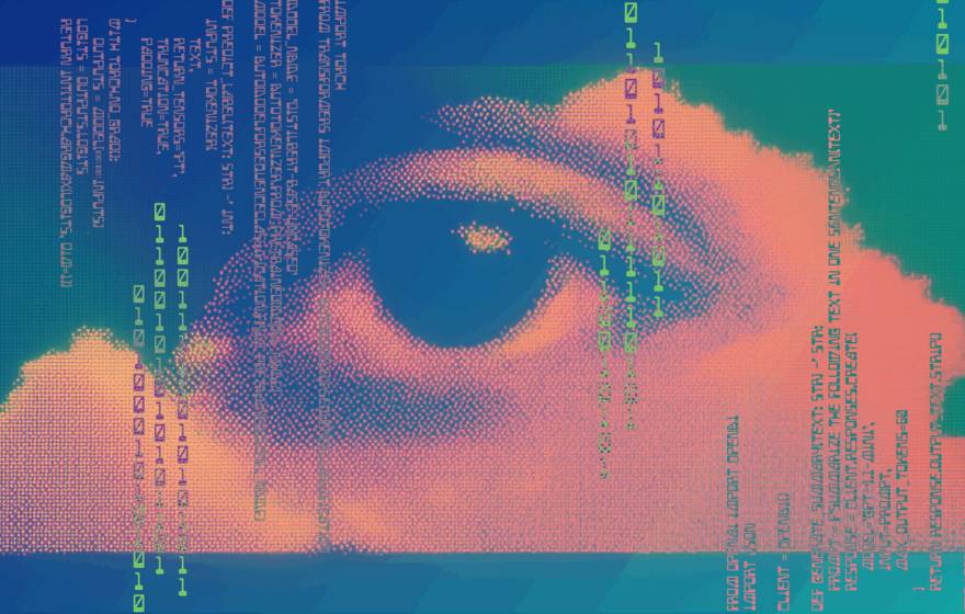 A photo illustration showing an eye in clouds, overlayed with numbers from computer code. The image symbolizes the increasing human-like power of AI systems and their effect on society.