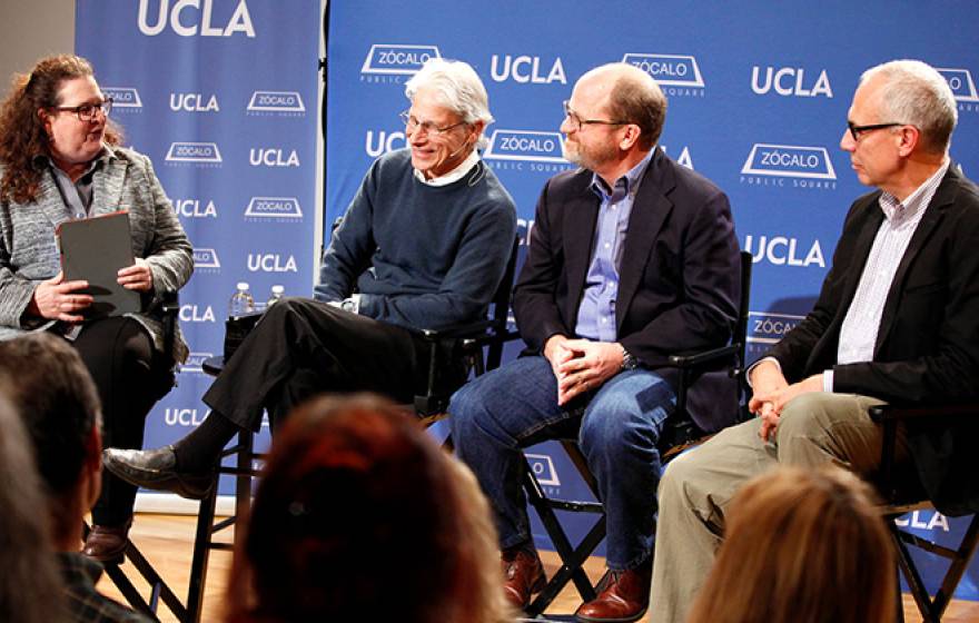 Moderator Evan Kleiman, Robert Goldberg, Russ Parsons and Edward Parson talk about the controversy over genetic modifications of our food. Goldberg and Parson are UCLA professors.