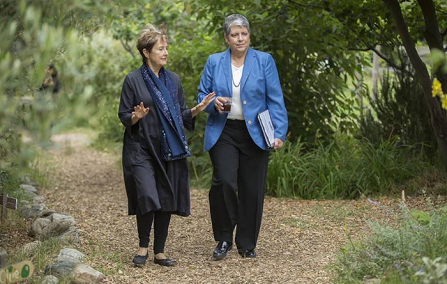 Alice Waters (left) tours the Edible Schoolyard in Berkeley with UC President Janet Napolitano at the launch of the UC Global Food Initiative.