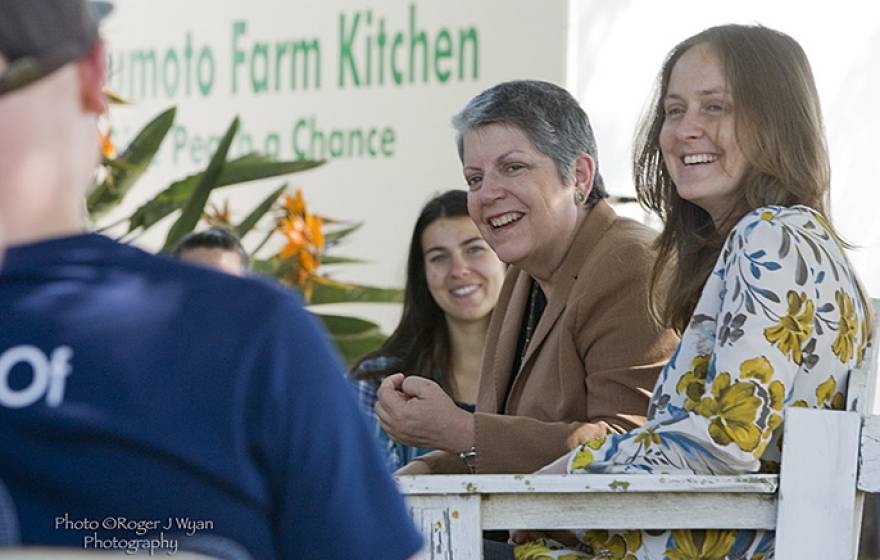 UC President Janet Napolitano listens to the first class of UC Global Food Initiative student fellows discuss their projects at Masumoto Family Farm in Del Rey. 