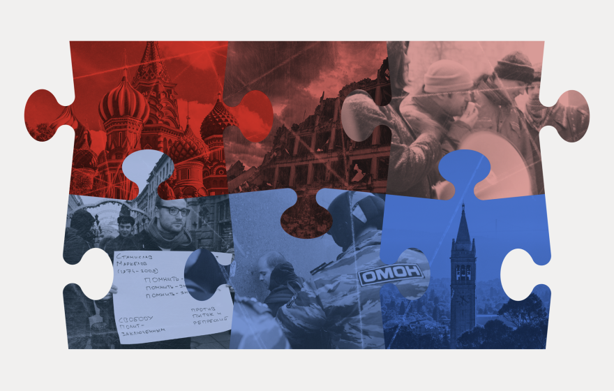 A photo collage in the form of a puzzle with blue and red pieces, with images of dissenters protesting