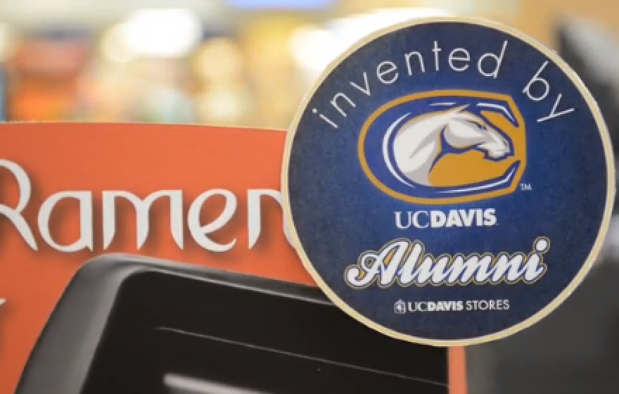 Still from video about ramen cooker, showing invented by UC Davis Alumni sign