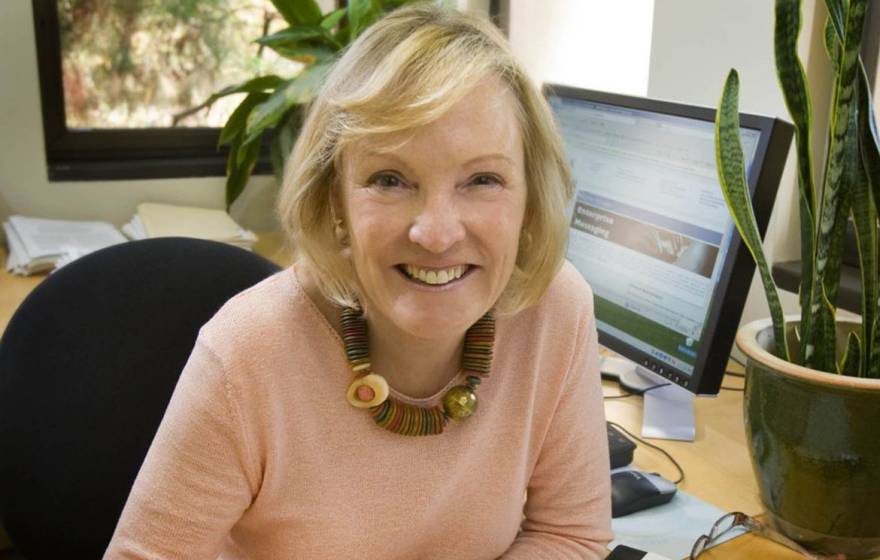 Shelley Taylor, white woman with blonde hair cut in a bob, wearing a pink sweater, smiles at the camera sitting at her desk, with a monitor and a potted planted in the background.