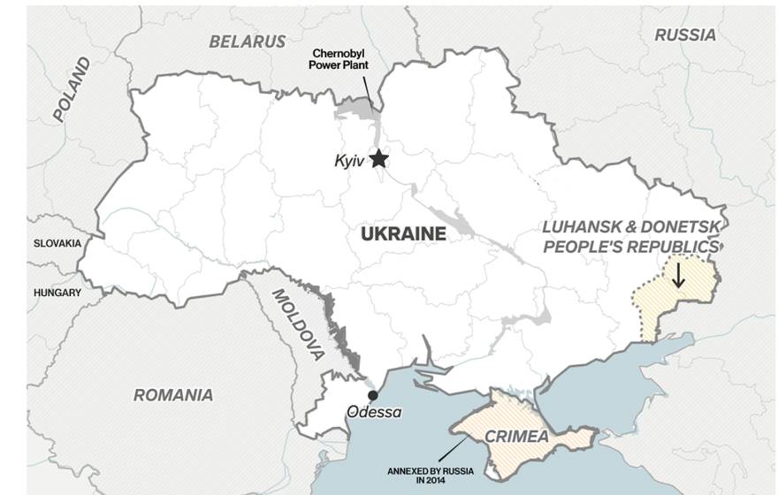 Map showing key regions related to the Feb. 23 Russian invasion of Ukraine.