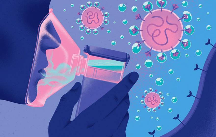 Illustration of someone using an Aeronabs inhaler, surrounded by virus molecules