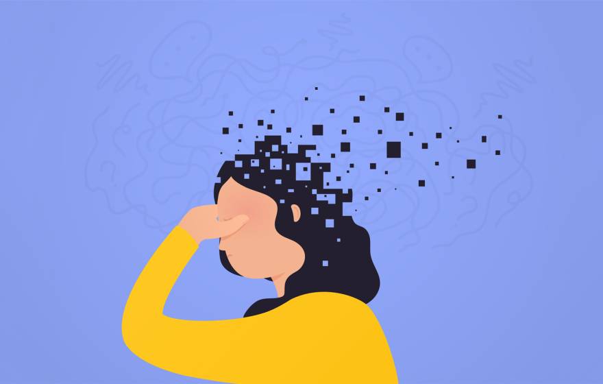 Simple, warm illustration of a woman in a yellow shirt holding her head, with little squares trailing behind her, signifying mental fragmentation, on a lilac background