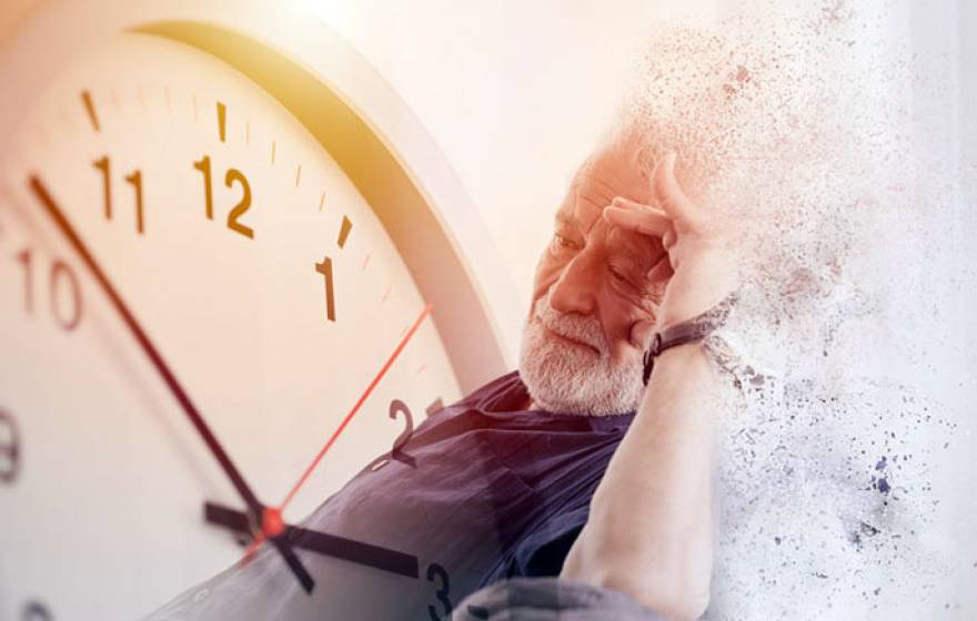 An older man with a clock graphic behind him