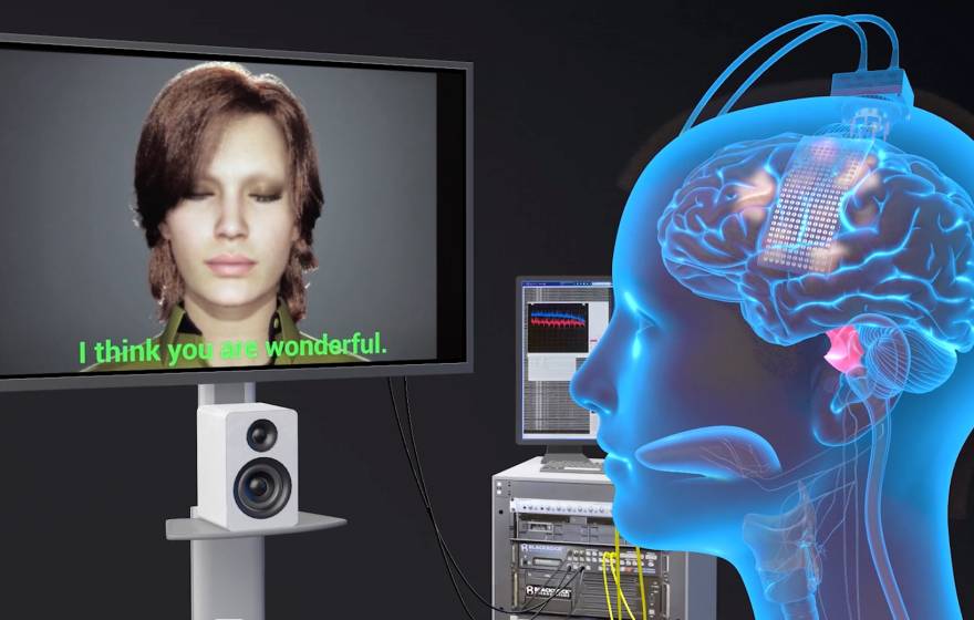 A screen with a digitized woman with a bob that says I think you are wonderful, and a blue illustration of a head with a visible brain lit up speaking to her 