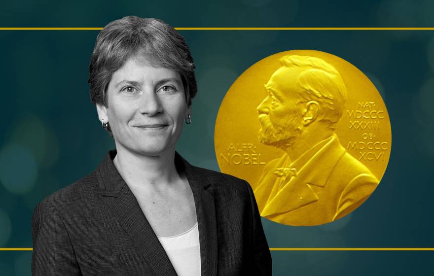 Carolyn Bertozzi next to Nobel Prize illustration
