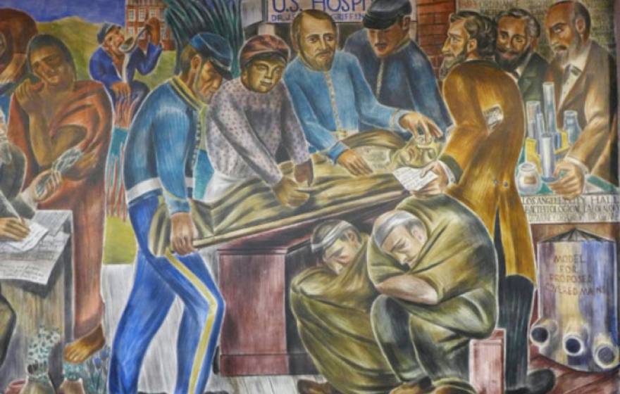 Mural of people helping someone on a stretcher