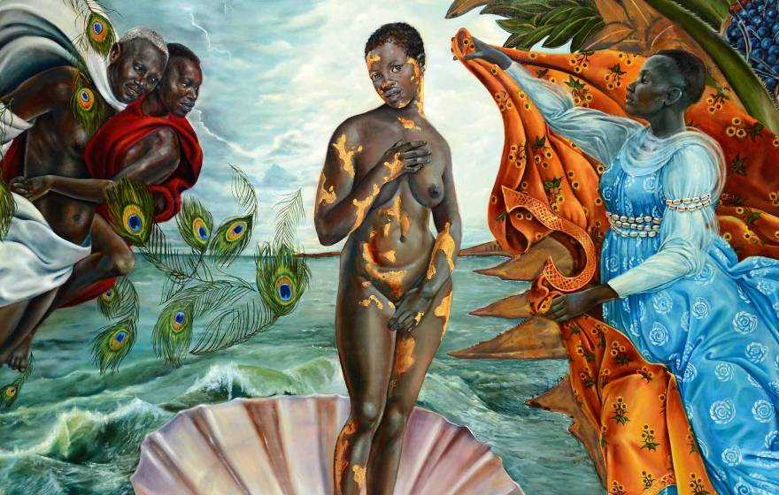 Harmonia Rosales, Birth of Oshun, detail, 2017, oil on canvas. Reminiscent of the famous Botticelli painting of a woman in a clamshell, The Birth of Venus