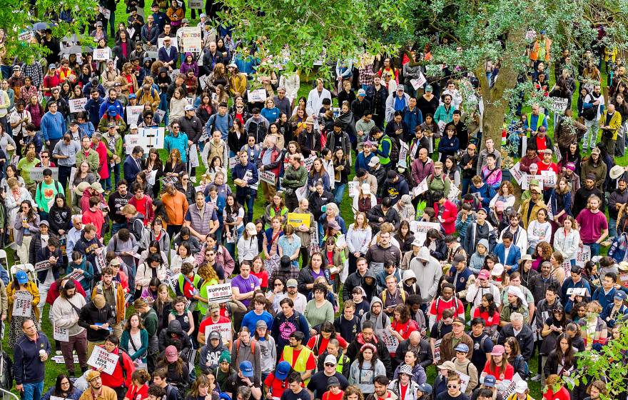 A large crowd holding signs gathers outdoors.