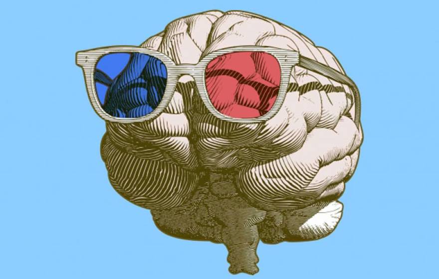 Brain with red and blue sunglasses on