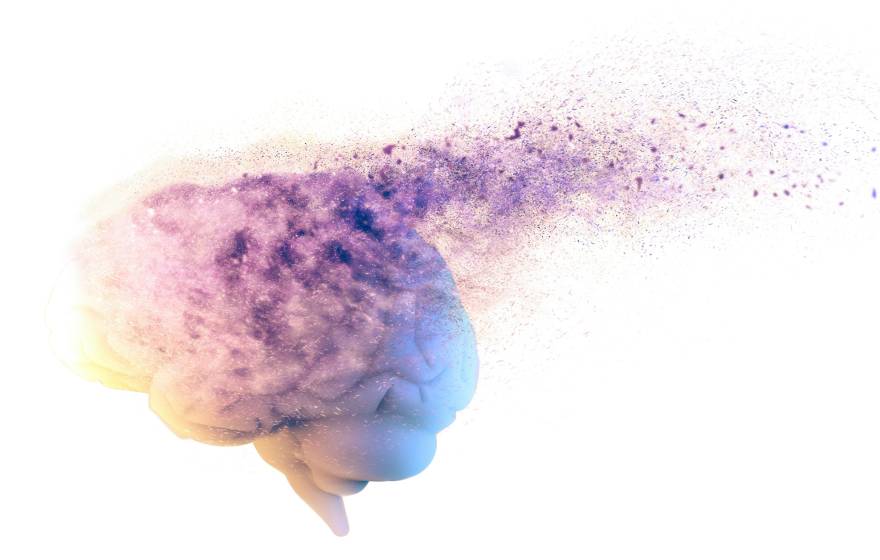 An image of a purple brain disintegrating