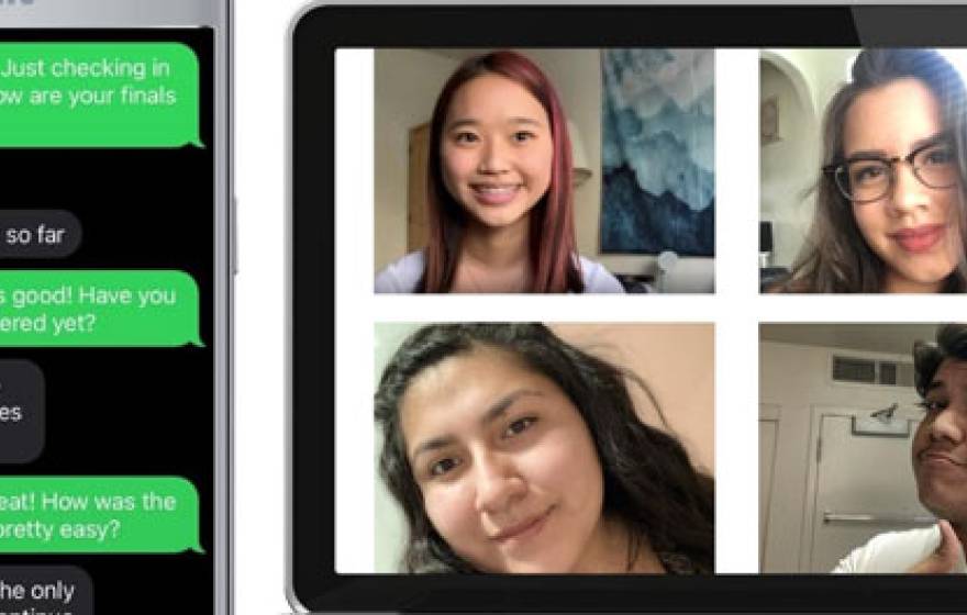 Texts from mentor-mentee and video chat squares side-by-side