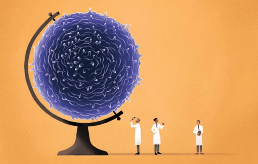 Illustration of scientists examining a cell that looks like a globe
