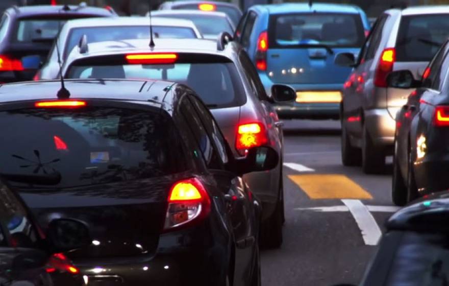 Cars stuck in traffic during the evening