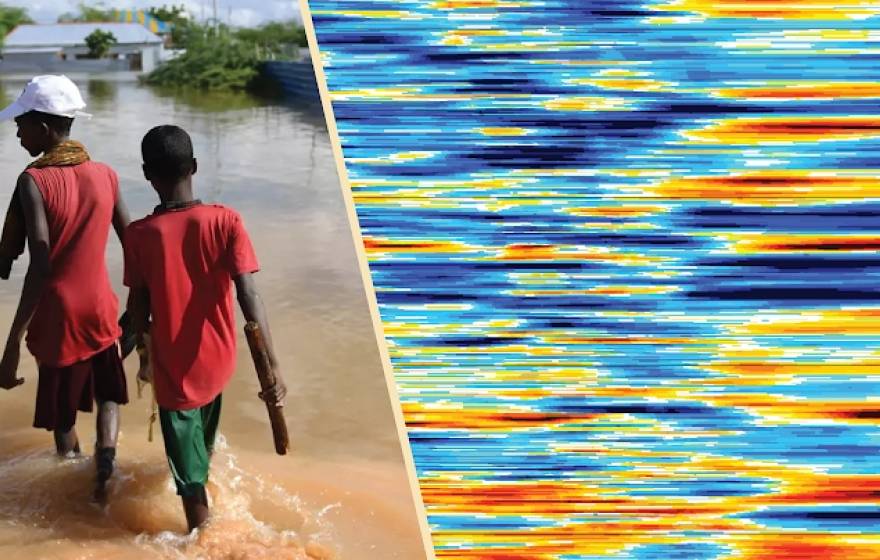 Two East African youths walk through a flooded street, with a weather heatmap juxtaposed on the right side of the image