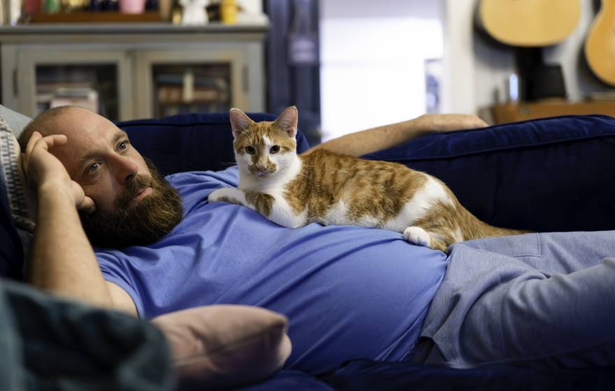 Middle age real man with dad bod lying on a couch relaxing at home with orange cat