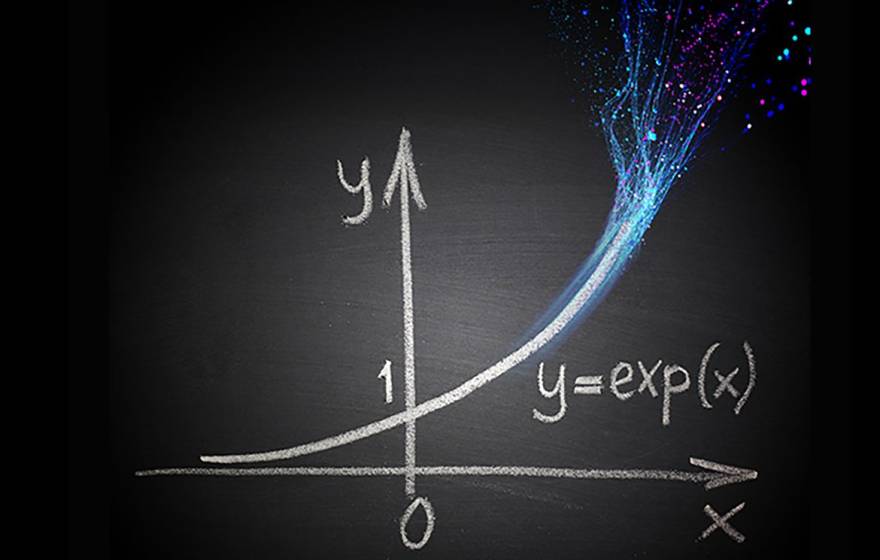 A graph with an X and Y axis with a curve going through it that becomes colorful electrical-looking dots