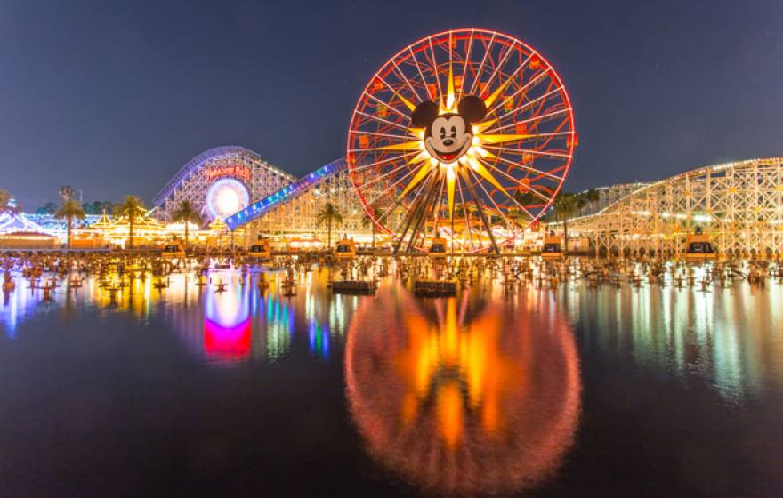 View of a Disneyland coaster with Mickey Mouse on it