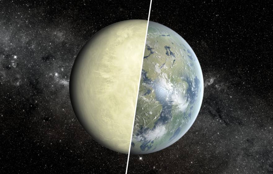 Illustration shows a Super Venus planet on the left and a Super Earth on the right.