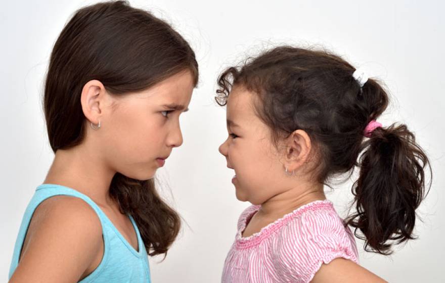 Two little girls look at each other eye to eye, one angry
