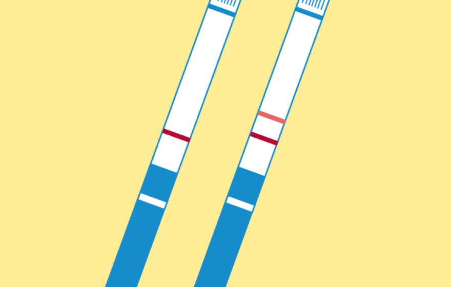 Flat-style illustration showing 2 long rectangular test strips in blue and white on a light yellow background