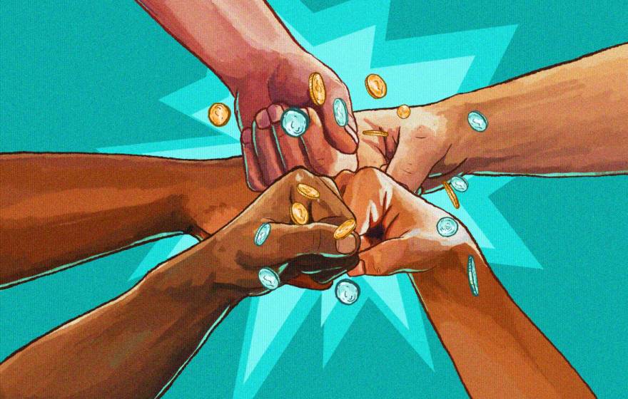 A still from an animation of fists from people of color fist-bumping with a cartoonish explosion and coins flying out