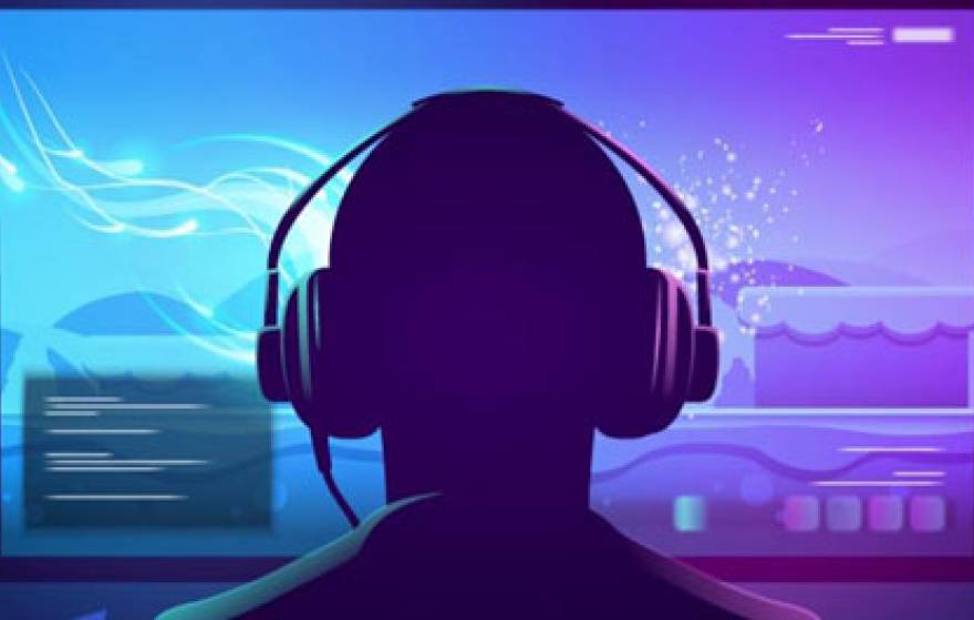 Illustration of person wearing headphones looking at purple screen