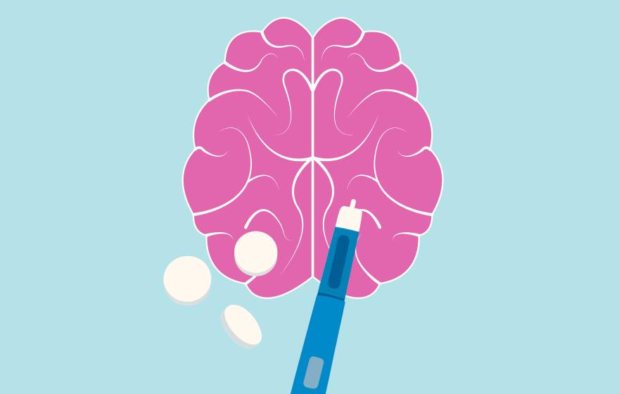 A bright, simple illustration of a brain with two pills next to it and a GLP-1 stick 