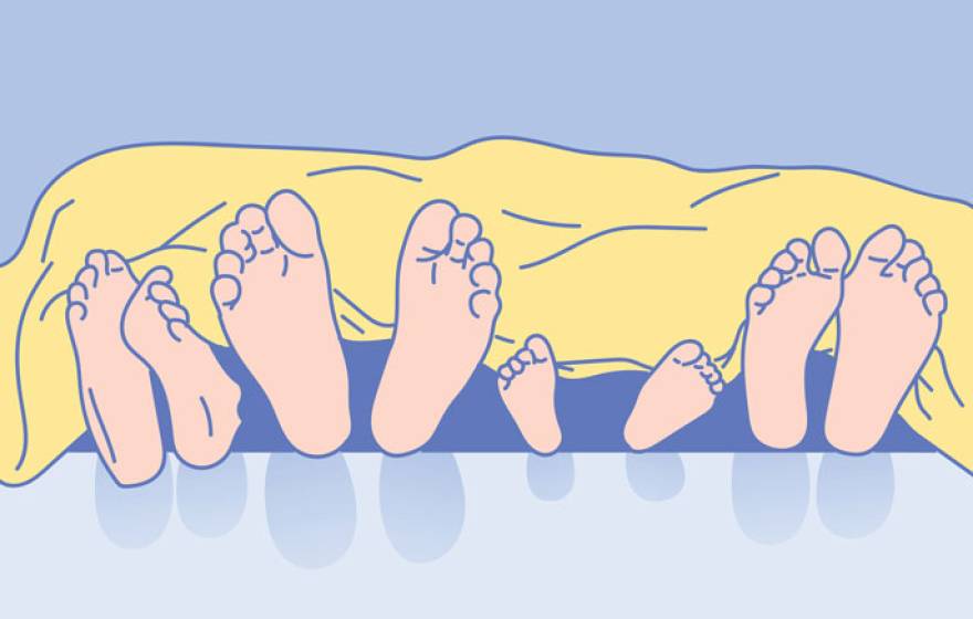 Lots of feet sticking out of bed illustration