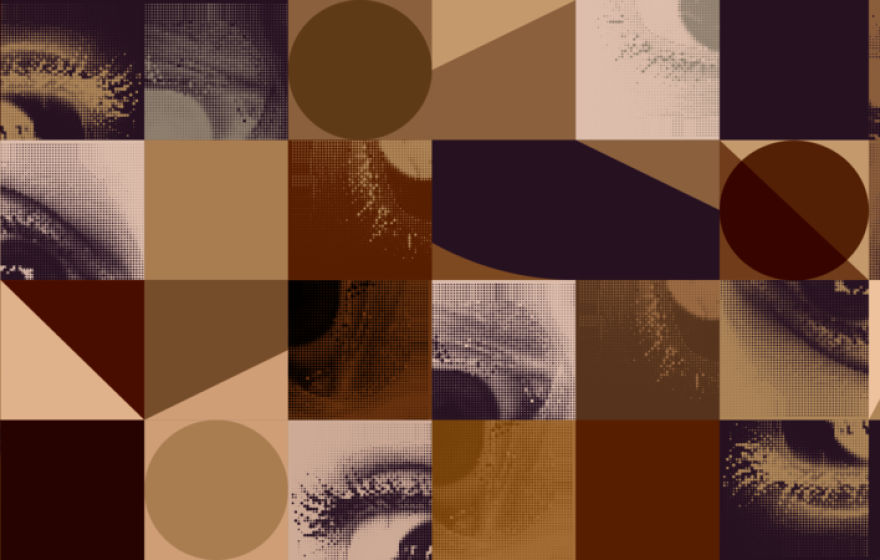 Brown mosaic of panels and eyes