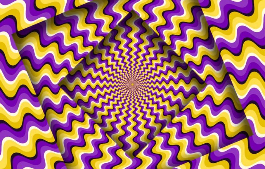 Image of squares covered in yellow and purple squiggles that create an optical illusion that the squares are moving.