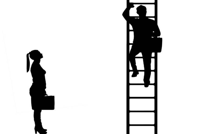 Silhouette illustration of a woman in heels holding a briefcase looking up at a man with a briefcase climbing a ladder.