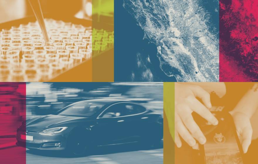 A photo collage with blue, red and yellow overlays showing lab work, a car, a phone and a satellite image of California.