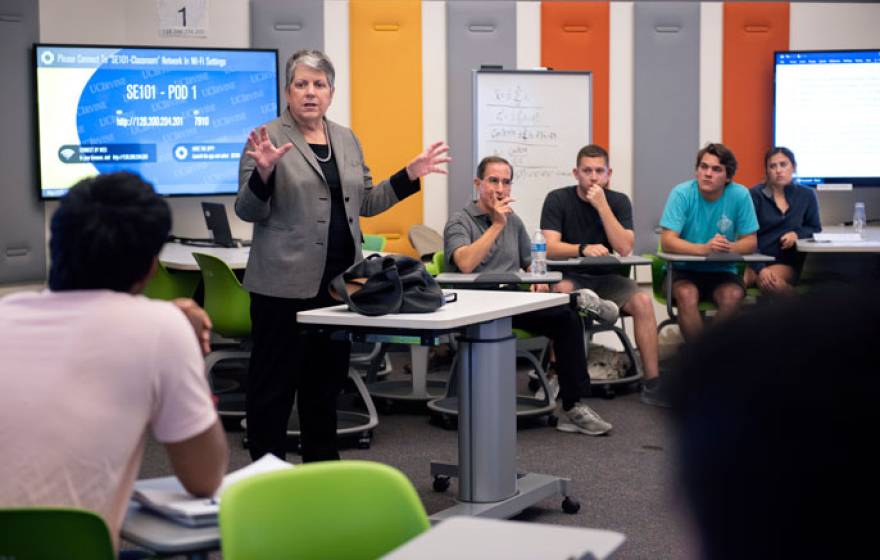 Janet Napolitano lectures a political science class