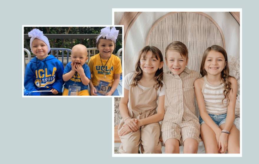 A collage with, on the left, a small photo of very young children in UCLA gear; on the right, of the same children older