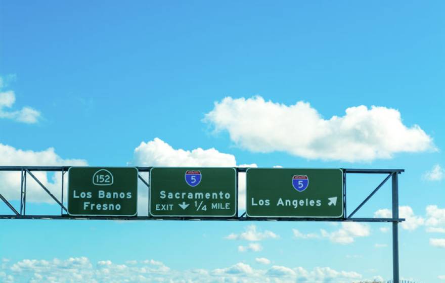 Sacramento and Los Angeles signs in 5 freeway stock photo